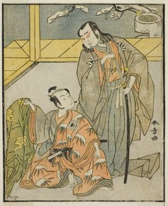 The Actors Nakamura Denkuro II as Suma no Dairyo (right), and Ichikawa Komazo II as Ariwara no Yukihira (left), in the Play Kuni no Hana Ono no Itsumoji, Performed at the Nakamura Theater in the Eleventh Month, 1771 作： Katsukawa Shunsho
