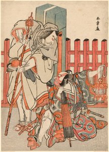 芝居の終盤より、鎮西八郎為朝役の中村仲蔵初代（左）と上総五郎兵衛忠光役の市川團十郎（右）