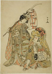 The Actors Nakamura Nakazo I as Onmaya Kisanda Dressed as Kakubei the Lion Dancer (Kakubei-jishi) (right) and Segawa Kikunojo III as Shizuka Gozen (left), in the Dance Sequence "Myoto-zake Kawaranu Nakanaka" (Everlasting Harmony of the Marital Cup), from t 作： Katsukawa Shunsho
