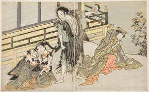 The Actors Nakamura Noshio I as Nyosan no Miya (right), Ichikawa Danjuro V as the Renegade Monk Yochin (center), and Yamashita Kinsaku II as the Maid Mutsuhana (left), in the Play Fuki Kaete Tsuki mo Yoshiwara, Performed at the Morita Theater in the Eleven