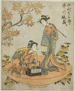 三代目中村七三郎（右）と初代市川順三（左）、1770年十一月中村座で上演された鵺の森一葉の間 作： Katsukawa Shunsho