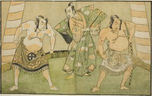 The Actors Nakamura Sukegoro II as Matano no Goro (right), Onoe Kikugoro I as Soga no Taro (center), and Otani Hiroji III as Kawazu no Saburo (left), in the Play Myoto-giku Izu no Kisewata, Performed at the Ichimura Theater in the Eleventh Month, 1770 作： Katsukawa Shunsho