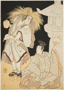 六代目中山小十郎は祇園神社の街灯夫に扮した長田太郎景宗（現実では八丁つぶての喜平寺）（左）と三代目澤村宗十郎は小松重盛（右）。 雪物竹を弾く 作： Katsukawa Shunsho