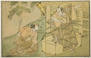 The Actors Onoe Matsusuke I as Akaboshi Taro (right), and Azuma Tozo II as Shirotae (left), in the Play Kono Hana Yotsugi no Hachi no Ki, Performed at the Ichimura Theater in the Eleventh Month, 1771 作： Katsukawa Shunsho