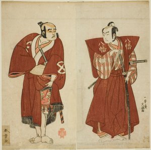八幡三郎（右）役の初代尾上松介、役者大谷友右衛門役の役者（左）明戸菊伊豆の奇蹟、1770年11月、市村座で上演。 作： Katsukawa Shunsho