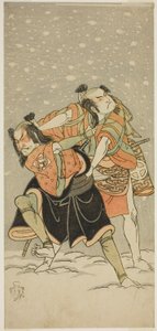 1768 年 9 月に市村劇場で上演された「姫小松根の日あそび」のカメオ (右) としての三代目大谷広治、アリオ (左) としての初代坂田佐十郎 作： Katsukawa Shunsho
