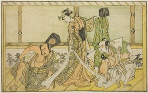 The Actors Otani Hiroji III as Kawazu no Saburo (right), Segawa Kikunojo II as Princess Tatsu (Tatsu Hime) (center), and Nakamura Sukegoro II as Matano no Goro (left), in the Play Myoto-giku Izu no Kisewata, Performed at the Ichimura Theater in the Elevent 作： Katsukawa Shunsho