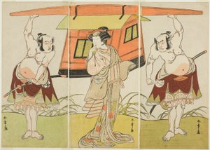 劇「篠田妻」のラストシーンで三代目大谷浩二四官兵衛（右）、初代中村富十郎葛の葉（中央）、代官兵衛（左）初代坂東光五郎 プレイ桔梗ゾムへ 作： Katsukawa Shunsho