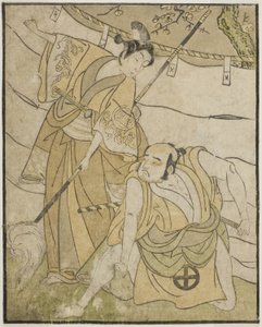 1770 年 11 月に市村座で上演された「明戸菊伊豆の奇蹟」の俳優、初代大谷友右衛門のえもへい（右）と二代佐野川市松の真田与一（左） 作： Katsukawa Shunsho