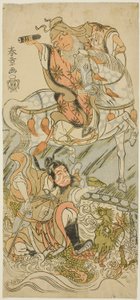 芝居「男山雲西倶楽部」のフィナーレで、二代目沢村宗十郎が黄石功（騎乗）、三代目市川團蔵が中国武士の張良（竜に乗った騎乗）を演じる。 絵の強さ