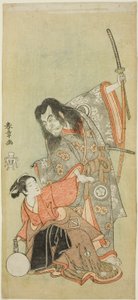 芝居「姫小松根の日あそび」で、二代目沢村宗十郎が僧侶俊寛、二代目吾妻東蔵が小安役を演じる。 作： Katsukawa Shunsho