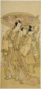 1781 年 4 月市村座で上演された劇「歌舞伎の花万代曽我」で、三代目瀬川菊之丞（右）お千代役、初代坂東光五郎（左）八百屋半兵衛 作： Katsukawa Shunsho