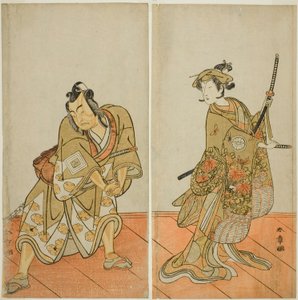 The Actors Segawa Kikunojo III as Aigo no Waka (right), and Ichikawa Yaozo II as Hachio-maru Aratora (left), in the Play Chigo Sakura Jusan Kane, Performed at the Ichimura Theater in the Eleventh Month, 1774 作： Katsukawa Shunsho