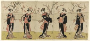 The Actors Segawa Kikunojo III as Karigane Obun, Nakayama Tomisaburo I as An no Oyasu, Iwai Kiyotaro II as Kaminari no Osha, Nakayama Tatezo I as Gokuin no Osen, and Ichikawa Monnosuke II as Hotei no Oichi (right to left), in "Gonin Onna," Scene One of the 作： Katsukawa Shunsho