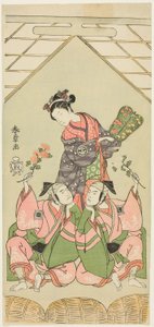 The Actors Segawa Kikunojo II as the Wet Nurse Reizei, Ichikawa Komazo I as Suruga no Hachiro in the Guise of the Shamisen Player Kichiroku (right), and Ichikawa Yaozo II as Tada no Kurando in the Guise of the Palanquin Bearer Kichinai (left), in the Scene 作： Katsukawa Shunsho