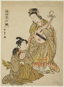 「福神笑顔くらべ」シリーズより 琵琶を構える弁天と肩鼓を構える青年