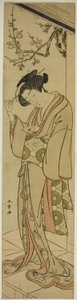 ラブレターを開こうとするベランダの女 作： Katsukawa Shunsho