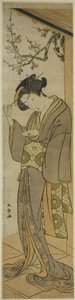 ベランダで手紙を開けようとしている女性 作： Katsukawa Shunsho