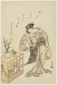 檻に入れられた猿を持つ若い女性 (1776 年新年のカレンダー印刷) 作： Katsukawa Shunsho