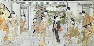 菊の籠を持つ若い女性（色木版画） 作： Katsukawa Shunsho