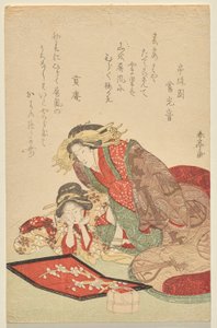 貝殻の屏風を見る花魁と見習い 作： Katsukawa Shuntei