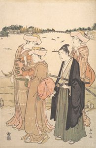 若いサムライと 3 人の女性, ca. 1789年。 作： Katsukawa Shunzan
