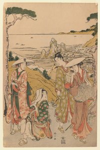 二見海水浴場の背後にある丘の茶屋の外にある江戸の巡礼者たち、1795年（色版画） 作： Katsukawa Shunzan