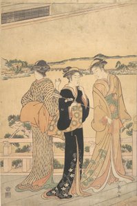 湾を見下ろすベランダの3人の女性 19世紀後半 作： Katsukawa Shunzan