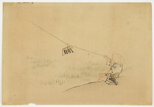 バードクラッパーとファーマーフライングカイト、ca。 1850年（紙にインクと色） 作： Katsushika (school of) Hokusai