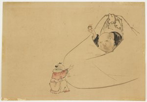 小さな男の子に燃えるような宝石を提供するホテイ、1850年頃（紙にインクと色） 作： Katsushika (school of) Hokusai