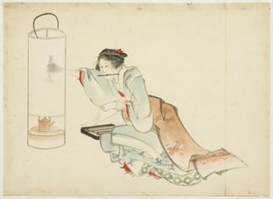 ランプを調整する女性、c.1815-1849（紙にインクと色） 作： Katsushika (school of) Hokusai