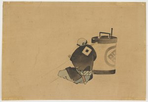 ランプで喫煙する着席アテンダント、ca。 1850年（紙にインクと色） 作： Katsushika (school of) Hokusai