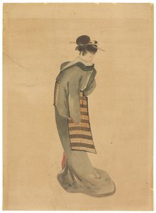 スタンディングビューティー（背面図）、1850年頃（紙にインクと色） 作： Katsushika (school of) Hokusai