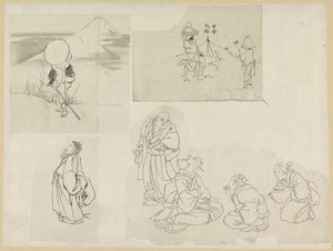 フィギュアが異なる4つのシーン 作： Katsushika Hokusai (possibly)