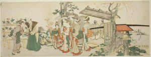 園芸家の庭に入る若い女性のグループ 作： Katsushika Hokusai