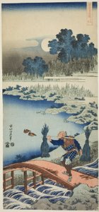 橋を渡る農民、シリーズ「漢詩と日本の詩の真の鏡」より 作： Katsushika Hokusai