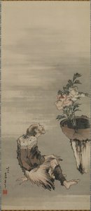 鉢植えの牡丹、江戸時代を見ている着席の男性（紙にインクと色） 作： Katsushika Hokusai
