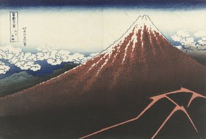 サミットの下の雷雨、1830年頃（木版画） 作： Katsushika Hokusai