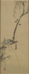 江戸時代の木こりで釣りをする少年（シルクパネルに墨と色合い） 作： Katsushika Hokusai
