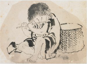 笛を吹く少年、江戸時代、約。 1840年。 作： Katsushika Hokusai