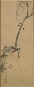 木の枝から釣りをする少年、江戸時代、1839. 作： Katsushika Hokusai