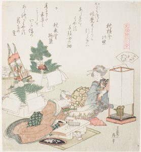 「元禄歌仙貝合わせ」シリーズ 板屋根貝（いたやがい）イラスト 餅つき 作： Katsushika Hokusai