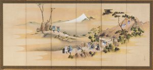 田園風景と富士山、一対の一つ、江戸時代、約. 1830-1832。 作： Katsushika Hokusai