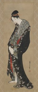 江戸時代の遊女（紙に墨と色） 作： Katsushika Hokusai