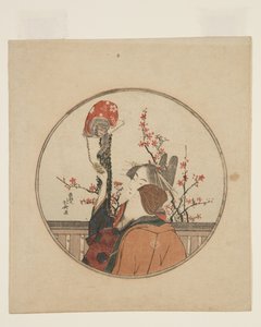宮廷人と客とペットの猿（カラー木版画