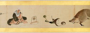 その他の画像、江戸時代、1839年のインクと紙の色の付いたハンドスクロールの詳細 作： Katsushika Hokusai