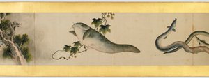 その他の画像、江戸時代、1839年のインクと紙の色の付いたハンドスクロールの詳細 作： Katsushika Hokusai