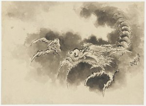 雲から浮かび上がる龍、江戸時代（紙に墨） 作： Katsushika Hokusai
