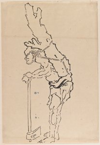 斧で休んで背中に木の幹の一部を運ぶ男の絵（紙にインク） 作： Katsushika Hokusai