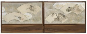 4つのファンの絵画：「蓮の葉のカエル」、「家の学者」、「風景」、「船と岩」、江戸時代（紙にインクと色） 作： Katsushika Hokusai